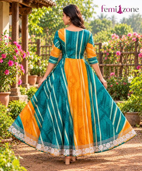 Teal Blue & Mustard Yellow Printed Flared Anarkali Kurti femizone 3