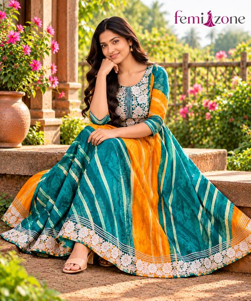 Teal Blue & Mustard Yellow Printed Flared Anarkali Kurti femizone