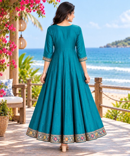 Teal Blue Stone Embroidered Umbrella Kurti femizone 1