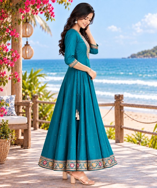 Teal Blue Stone Embroidered Umbrella Kurti femizone 2