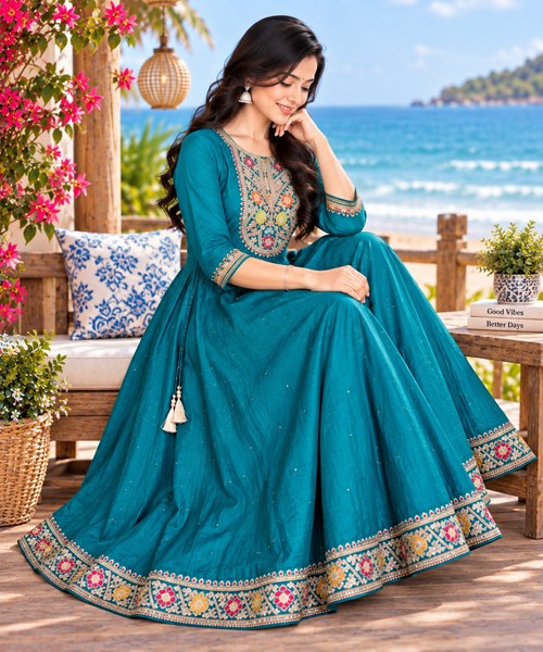 Teal Blue Stone Embroidered Umbrella Kurti femizone 3