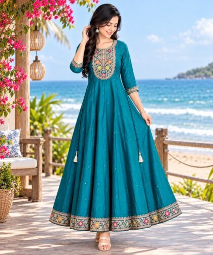 Teal Blue Stone Embroidered Umbrella Kurti femizone