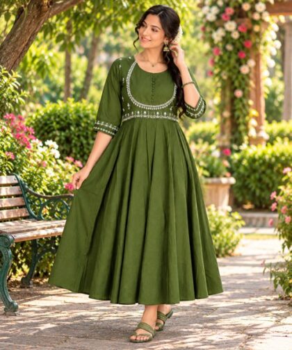Vatican Fabric Green Embroidered Flared Anarkali Kurti_femizone