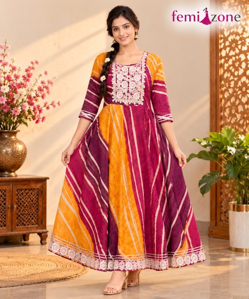 Wine & Mustard Yellow Floral Embroidered Flared Anarkali Kurti femizone