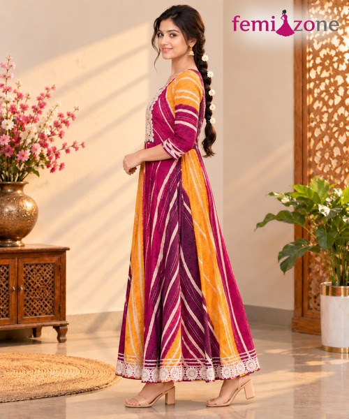 Wine & Mustard Yellow Floral Embroidered Flared Anarkali Kurti femizone 3