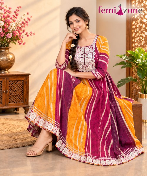 Wine & Mustard Yellow Floral Embroidered Flared Anarkali Kurti femizone 4