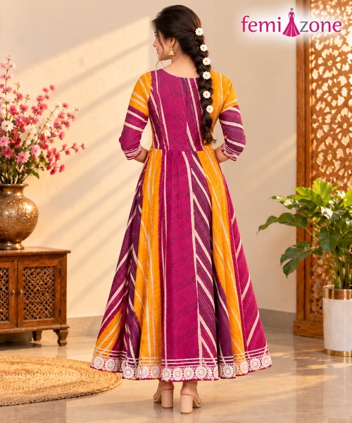 Wine & Mustard Yellow Floral Embroidered Flared Anarkali Kurti femizone