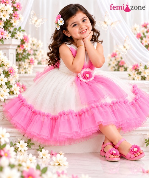 Pink & White Layered Kids Party Wear Frock femizone Pink & White Layered Kids Party Wear Frock femizone